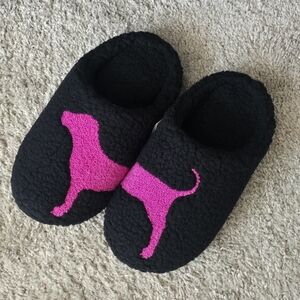 Victoria's Secret Black Slippers with Pink Dog Design